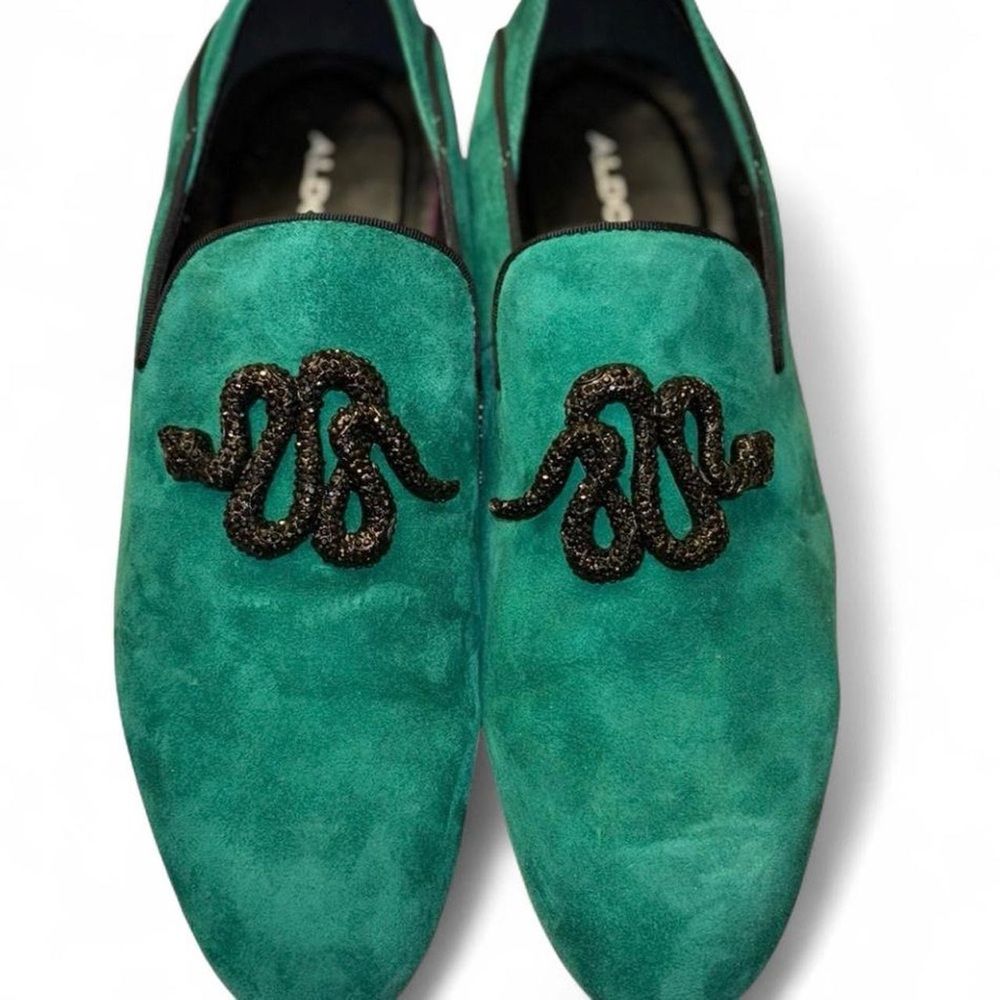 Aldo Men's Teal Suede Loafers with Black Embellishment